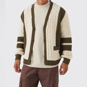 Contrast Color Striped Jacquard Knit Cardigan Mens Jacket Spring Long Sleeve Button Sweater Men Coat Winter V Neck Sweaters 240116