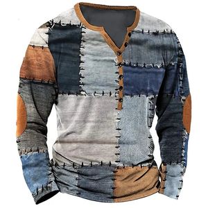 Patchwork Denim Vintage T-Shirt For Men Patchwork Grid Graphic T Shirts 3D Printing Short Sleeve Tee Oversized Man Clothing Top 240115