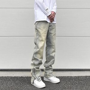 Streetwear Vibe Vintage Distressed Washed Trousers Jeans Yellow Mud Dyed Zipper Split Straight Jeans Men's and Women's Clothing 240115