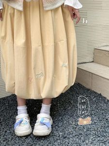 Skirts HOUZHOU Kawaii Long Skirt Women Winter Elastic Waist Loose Embroidery BUD Cute Corduroy Midi Harajuku Japanese Soft Girl