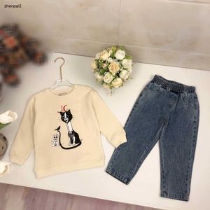 Tute per bambini di lusso Stampa modello gatto abiti firmati per bambini Taglia 100-160 Felpa con cappuccio girocollo e jeans elasticizzati in vita Jan10