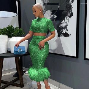 Women's Two Piece Pants Fashion Feather Edge One Step Skirt Sexy Tight Short Top Green Sequin High Waist Wrap Hip