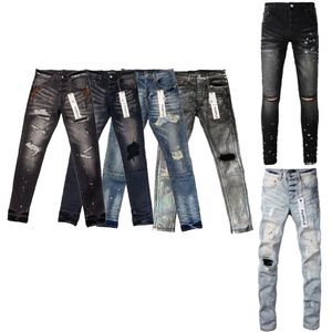 Roxo Mens Jeans Designer Denim Impressão Calças Bordadas Moda Buracos Calças US 28-40 Hip Hop Angustiado Zipper Calças Tamanho 29-40