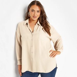 Plus size manga longa primavera outono elegante blusa e camisa feminina botão frente fenda hem solto oversize trabalho escritório outfit 240116