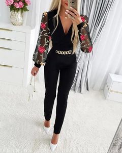 Elegant Mesh Patchwork Jumpsuit Women Spring Deep V-Neck Lantern Sleeve Rompers for Women Casual Skinny Chain Jumpsuits Red 240115