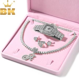 Bling King Heart Takı Saati Seti Buzlu Kübik Zirkonya İlk Mektup Kalp Baguettecz Yüzük Küpe Seti 240115