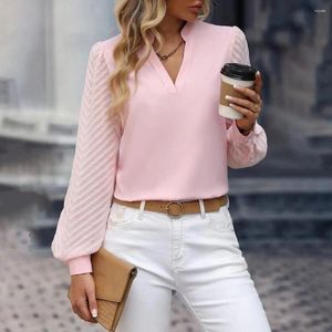 Women's Blouses Casual Long Sleeve Blouse Elegant Stand Collar V Neck Soft Breathable Pullover Solid Color For Fall