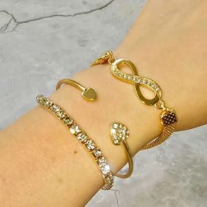 Pulseira aberta amor prata ouro 18k criativa combinando moda cristal infinito conjunto de pulseira em formato de 8, 3 tamanhos