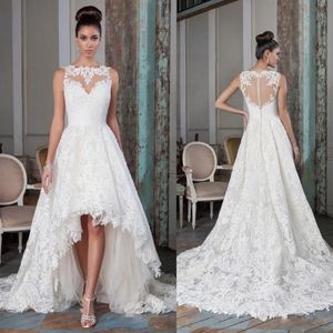 High Low Lace A Line Wedding Dresses Illusion Back Sleeveless Short Front Long Back Country Bridal Gowns Vintage Ivory Bride Dress 2024