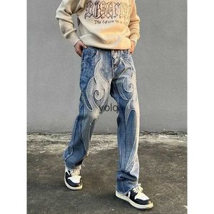 Mäns jeans Retro High Street Quality Men broderade tvättade jeans amerikanska lapptäcke och kvinnor löser raka pantsyolq