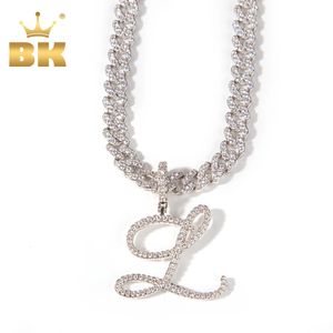 THE BLING KING Cursive Letters With 9mm Iced Out Cuban Chain Brush Cubic Zirconia Intial Name Necklace Charm Hiphop Jewelry 240115