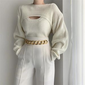 Suéteres femininos 2024 moda outono roupa roupas malha wear encolher manga longa camisola cardigan feminino branco 2 peça senhora