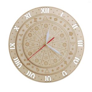 Orologi da parete Ruota astrologica terrestre Orologio in legno inciso al laser Segni zodiacali Astrologia Decorazioni per la casa Orologio naturale ecologico