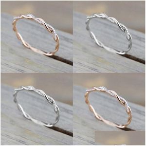 Anéis de banda Anéis de casamento jóias novo estilo redondo diamante banda para mulheres finas rosa cor de ouro torção corda empilhamento em aço inoxidável 2 dhjpm