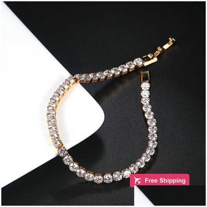 Bracciale Tennis Donna Uomo Blu Smeraldo Rosa Cubic Zirconia Hiphop Sier Gioielli placcati oro Diamante Una fila Hip Hop 4Mm Cristallo Qodo D Dhvjq