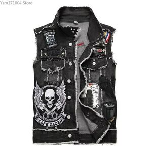 Herrjackor mens punk motorcykel casual denim broderi jacka klädgata hip hop retro väst 240115