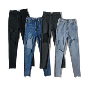 Sexigt Big Hole New 2023 Autumn Denim High midja kvinnors jeans blyertsbyxor nio poäng små fotbyxor grossist