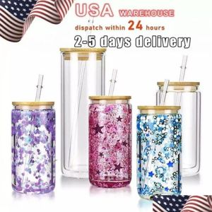 Klare Sublimationsbecher, US-Lager, 12 Unzen, 16 Unzen, 25 Unzen, doppelwandige Glasbecher, Glitzer, DIY-Schneekugel, leere Dose mit Bambus-Dhilp