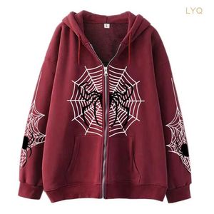 Sweatshirts Gothic Ins Spider Web Y2K Zip Up Women's Hoodies Sweatshirt Loose Oversized Harajuk Unisex High Street Streetwear Coat