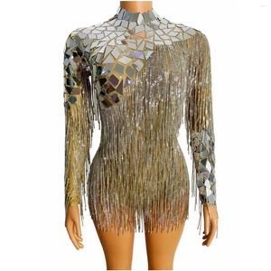 Scene Wear Silver Shining Mirror Sequins Tassel Sexiga rygglösa bodysuits för kvinnor Nattklubb Pol Dance Clothing Singer Costumes