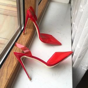 Elbise Ayakkabı Şeffaf Kırmızı Kadın Yumuşak PVC Yaz Yüksek Topuk Slingback Pompalar sivri ayak parmağı rahat stilettolar büyük boyut 33-45