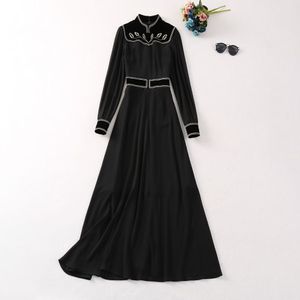 2024 primavera preto cor sólida bordado vestido de manga longa gola painéis midi vestidos casuais a4j121440