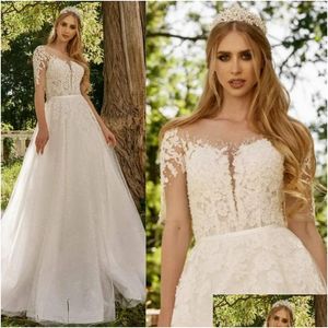 Abiti da sposa boutique Abito stile country Elegante collo trasparente maniche corte Abiti da sposa Pizzo A-Line per la sposa Arabo africano Prom Dhoue