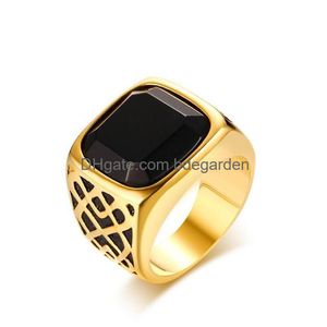 Band Rings Men Square Black Carnelian Semi-Precious Stone Signet Ring In Gold Tone Stainless Steel For Male Jewelry Anillos Accessori Dhmg2