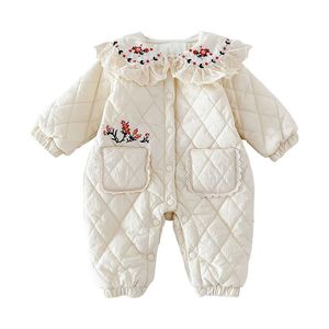 Зимний комбинезон для маленьких девочек, утепленный хлопковый корейский комбинезон с цветочным принтом, комбинезон для младенцев, милая одежда для малышей, детская одежда 240116