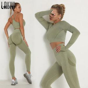 Conjuntos femininos magros treino respirável sutiã manga longa topo sem costura outfits cintura alta push up leggings ginásio roupas esporte terno 240115