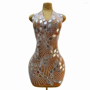 Scen Wear Luxury Gold Silver Rhinestones Mirror Backless Mini Dress Women Birthday Evening Celebrate Party Singer Model Bar Costume