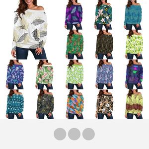 Women's Blouses Harajuku T Shirts Women Tropical Palm Leaf Collage Pattern Off Shoulder Tops Tee 2024 Casual Loose Long Sleeve Tattoo Prints