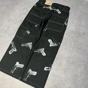 Jeans masculinos padrão geométrico impressão hip hop estética goth moda mens y2k sweatpants jogging preto perna larga estilo preguiçoso casual