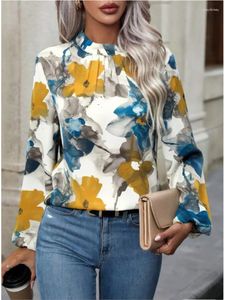 Kvinnors blusar eleganta avslappnade skjortor vårens höstmålade stora blomma veck mode blus losse pullover topp boho kvinnliga kläder