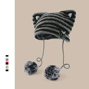 Handmade Y2K Japonês Gato Orelha Gorros Coelho Cabelo Pom-pom Listrado Querida Menina Knit Cap Outono e Inverno Quente Mulheres Chapéus 240115