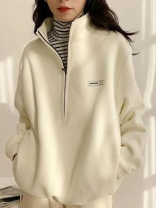 QWEEK Korean Warm Fleece Fluffy Zip Hoodie Casual Kpop Fashion Plus Velevt Sweatshirt Top Autumn Winter 240115