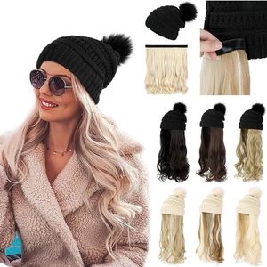 Shangzi hatt peruk syntetiska långa vågor peruker med basker hatt stickad mode svart höst vinter cap hår peruk hår 240115