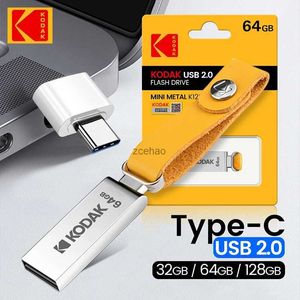 Unidades Flash USB KODAK K122 USB2.0 PenDrive 16GB 32GB 64GB 128GB Metal USB Flash Drive OTG Disk Memory Freeshipping + Tipo-C Adaptador