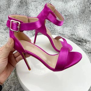 Klänningskor Fuchsia Slik Satin Women Ankle Strap Open Toe High Heel Sandals 12cm 10cm 8cm Elegant Summer Stiletto Pumps