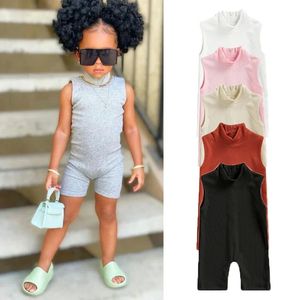 2023 Preschool Girls Ribbed jumpsuit Children's Summer Sleeveless Cotton jumpsuit Back Zipper Elastic Tight Fit Solid Clothing 240116