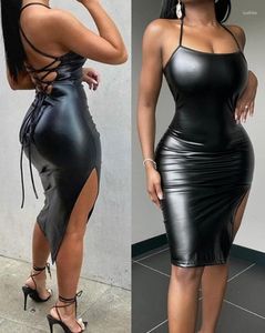 Sukienki swobodne seksowna pikantna dziewczyna bez pleców ślad skórzana sukienka bodycon sukienka żeńska nocna moda damska chuda impreza midi