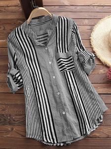 Women's Spring Fall Cotton Linen Long Sleeves Roll Up Striped Casual V Neck Button Down Shirts Blouses Collar Tunic Tops 240116