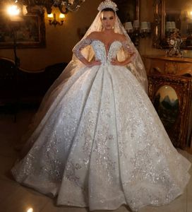 Luxury Ball Gown Wedding Dress 2024 För kvinnor Sheer-Neck glittor PESTINS Pärlor Brudklänningar Anpassade Dubai Arabiska Vestido de Novia Anpassad