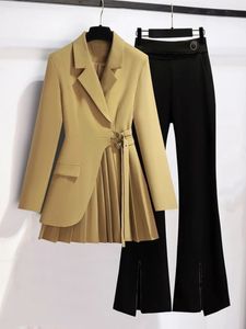 Mulheres ternos conjuntos de escritório primavera manga longa dobra bolso blazer cor sólida bell bottoms moda elegância senhora 240115