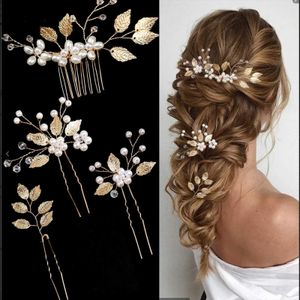 Pannband Pearl Flower Hairpin Side Comb Golden Leaf Formed Alloy Tiaras Wedding Bride Insert Hair Clips Hair Smycken Brud