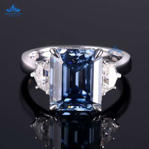 Fashion Jewelry Diamond Engagement Rings For Women Gold Emerald Cut 5Carat Center 3 Stone Blue Moissanite Ring