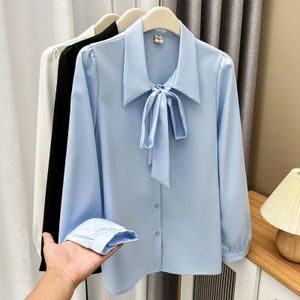 Temperament Bow LaceUp Shirt Women Plus Size Autumn Winter 2023 Casual Clothing Puff Sleeve Blouses Draped Antiwrinkle Tops 240116