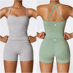 LL-8519 Womens Yoga Outfit Conjuntos de Yoga Colete Calças Curtas Excerise Esporte Ginásio Correndo Trainer Shorts Casuais Elástico Cintura Alta Sportwear