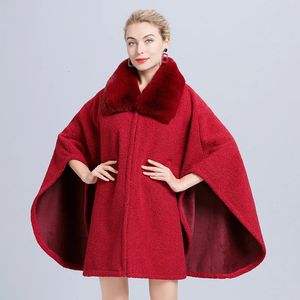 Hohe Qualität Frauen Winter Oberbekleidung Jacke Faux Pelz Kragen Mantel Plus Größe Aline Woolen Solide Poncho Büro Dame Warme capes 240115