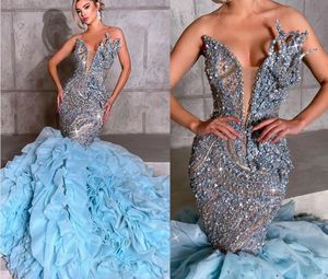 Gorgeous Mermaid Women Evening Dresses Strapless Sleeveless Prom Gowns Appliques Sequins Beads Ruffle Dress For Party Custom Made
